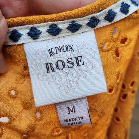 Knox Rose Mustard Yellow Mixed Media Blouse Eyelet Ribbed Tie-Neck Tassel - Picture 11 of 13